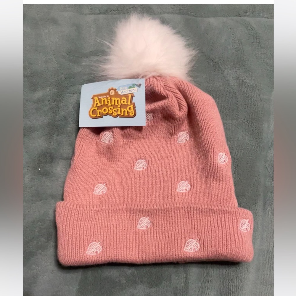 Pink and white Animal Crossing beanie